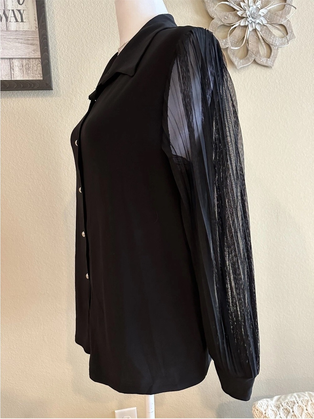 Perseption Concept,Black Button Blouse Pleated Sheer Mesh Sleeved Top, Size L - Picture 9 of 11